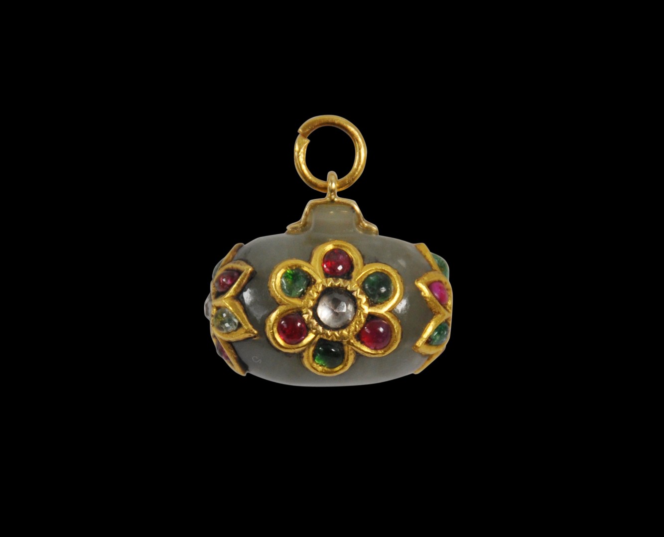 Mughal Solid Jade Pendant inset with Diamonds Rubies Emeralds in Gold Settings Michael Backman Ltd