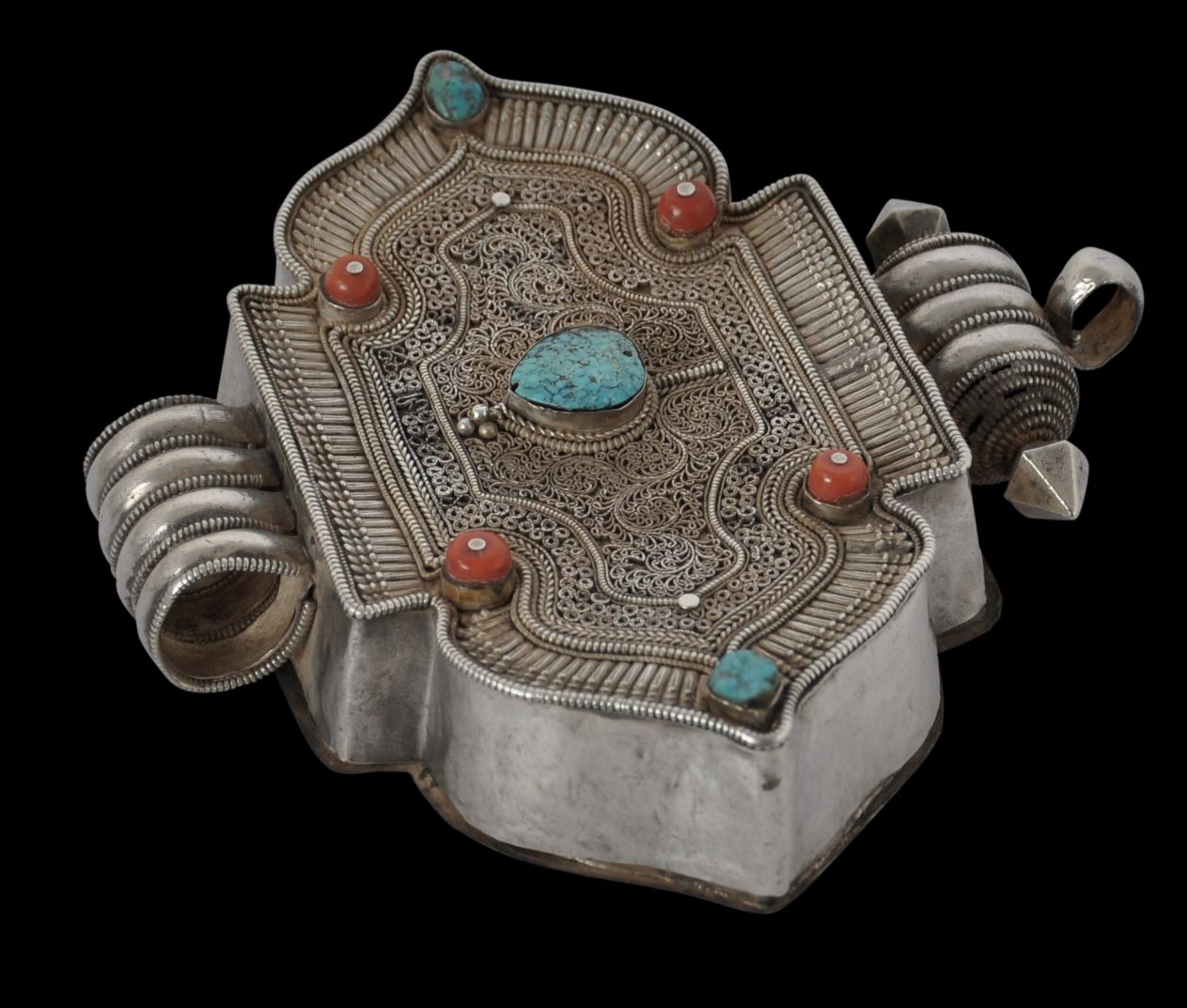 Large Silver Ga’u Box set with Turquoise & Coral - Michael Backman Ltd