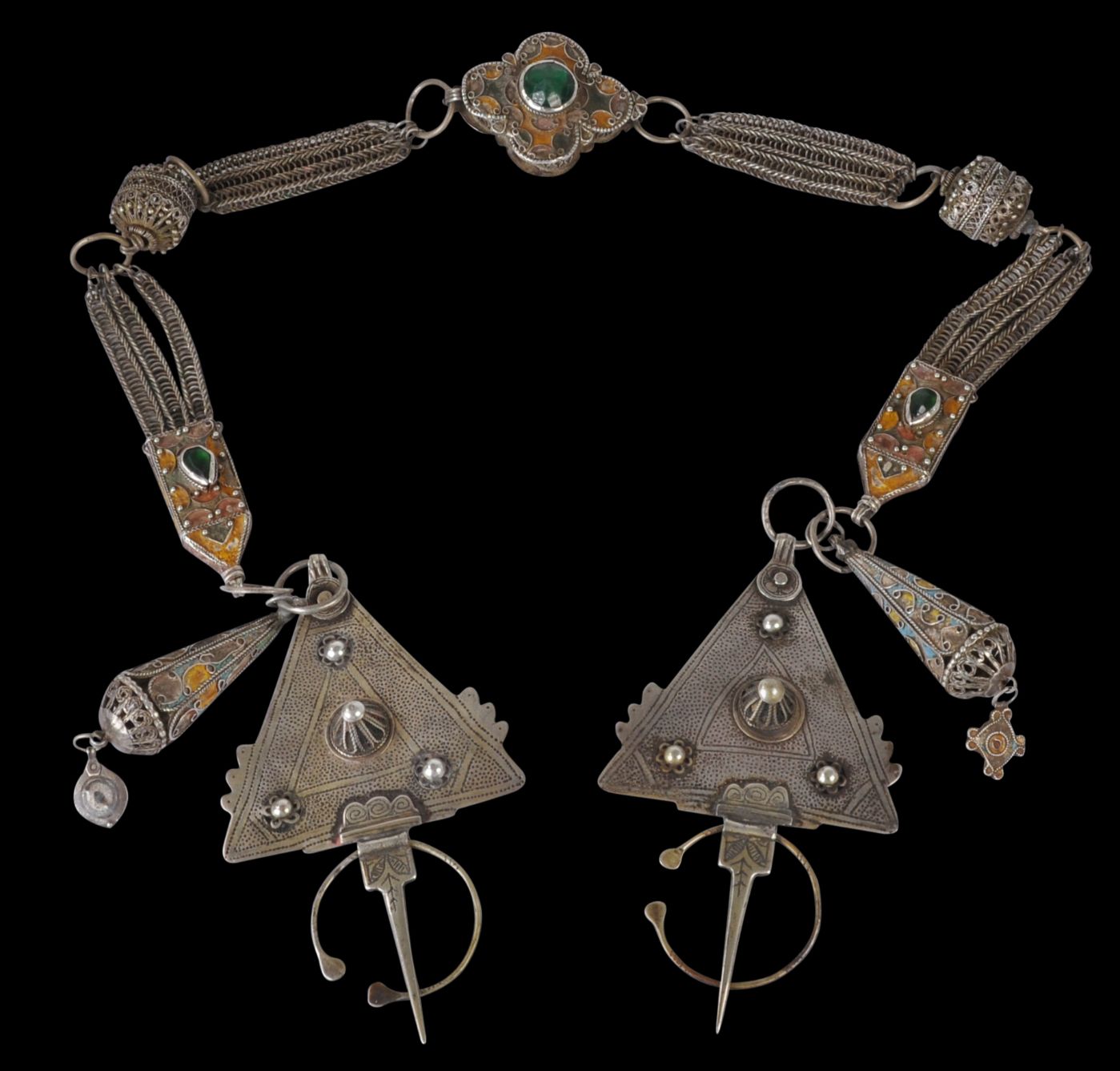 & Ornate Moroccan Complete Silver & Enamel Linked Fibula Set - Michael Backman Ltd