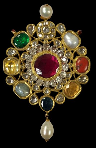 Indian Large, Enamelled, Gold Navaratna Gem-set Pendant - Michael ...