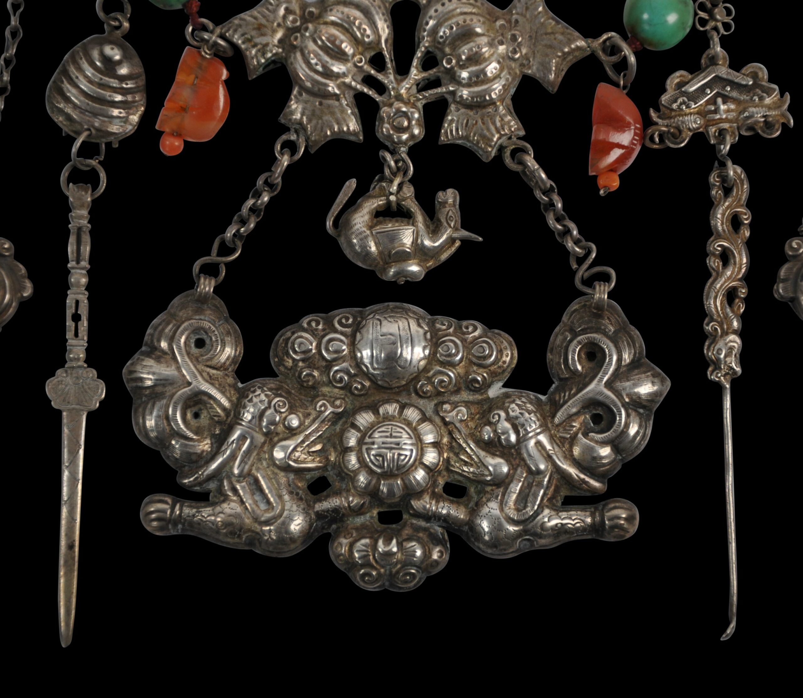 Mongolian Silver Necklace with Enamelled Silver, Turquoise & Coral ...