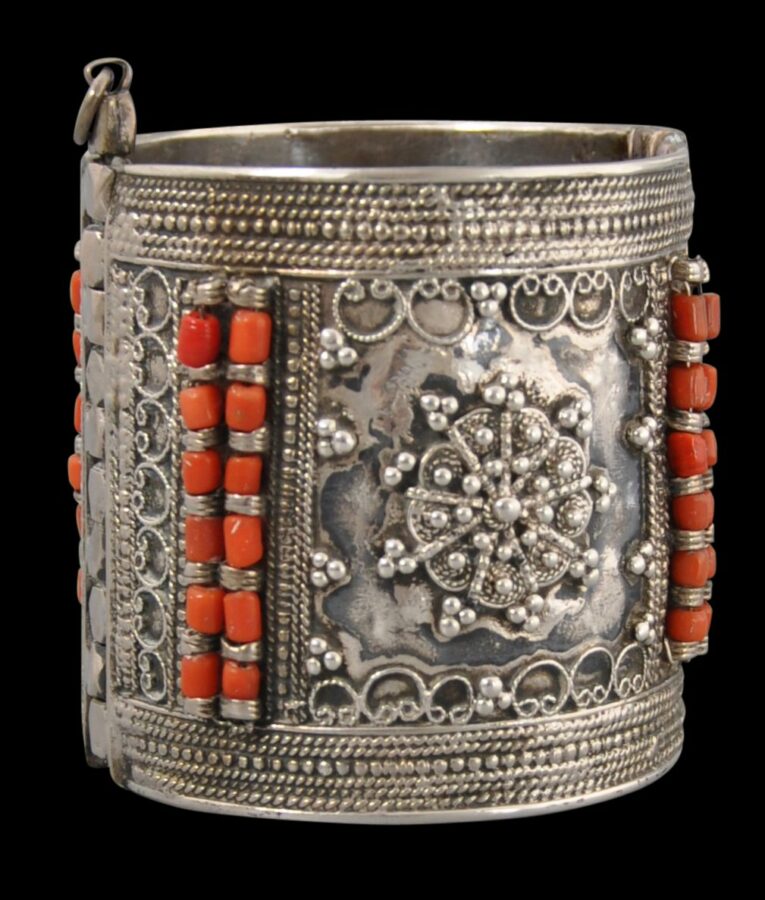 Ottoman Syrian Silver & Coral Cuff Bracelet - Michael Backman Ltd