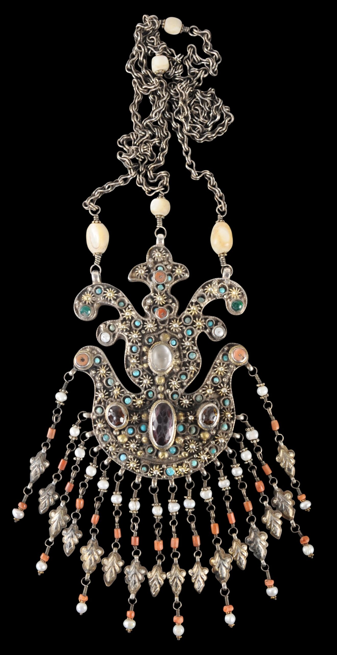 Uzbek Silver Necklace with Pearls & Gems - Michael Backman Ltd