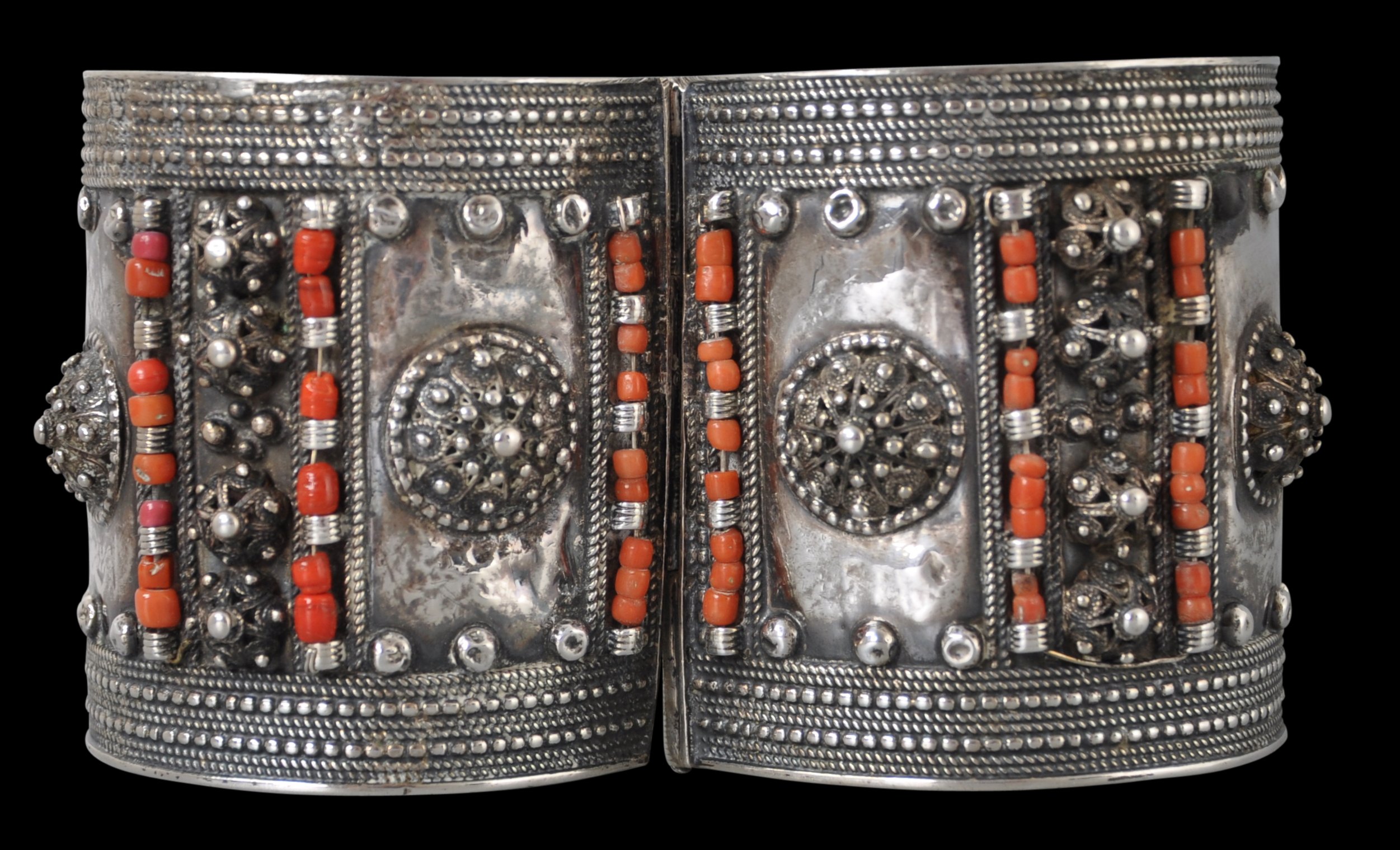 Ottoman Syrian Silver & Coral Cuff Bracelet - Michael Backman Ltd