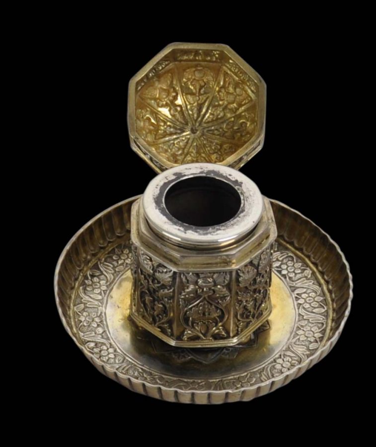 Colonial South Indian Gilded, Chased Silver Ink Stand - Michael Backman Ltd