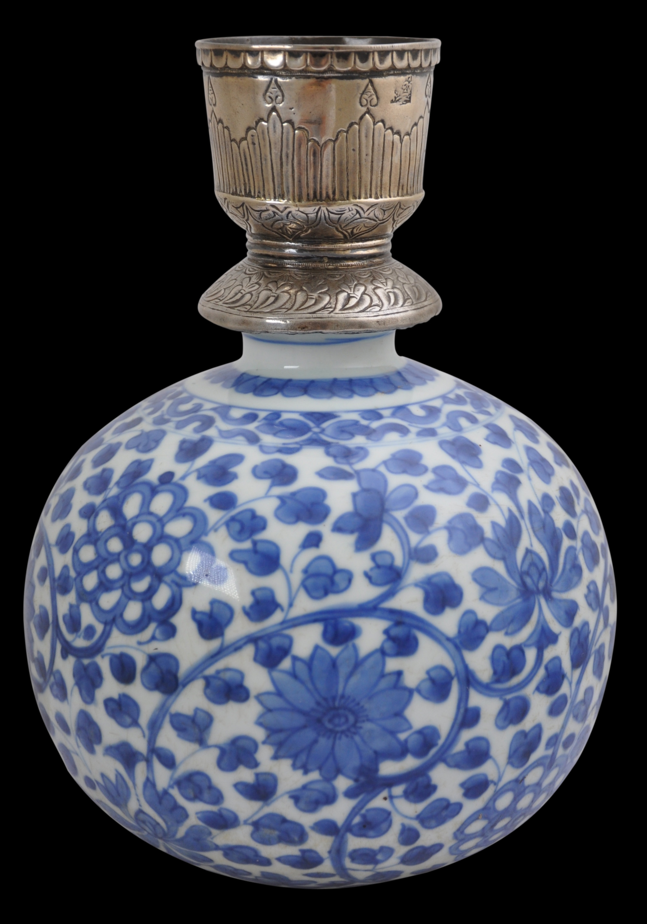 Kangxi (康熙) Blue & White Hookah Base with Chased Silver Mounts