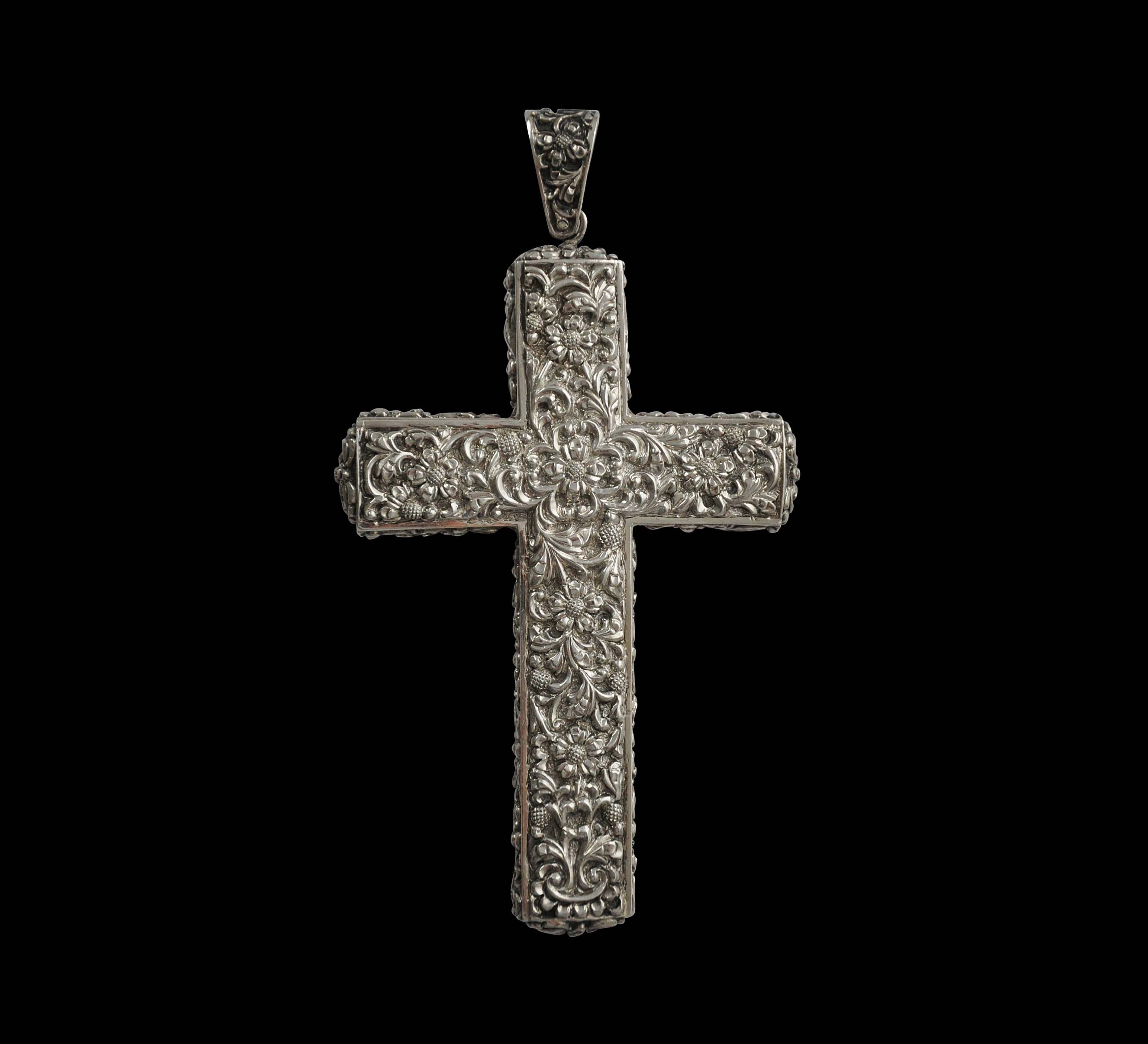 Unusually Large Chased Silver Christian Cross - Michael Backman Ltd