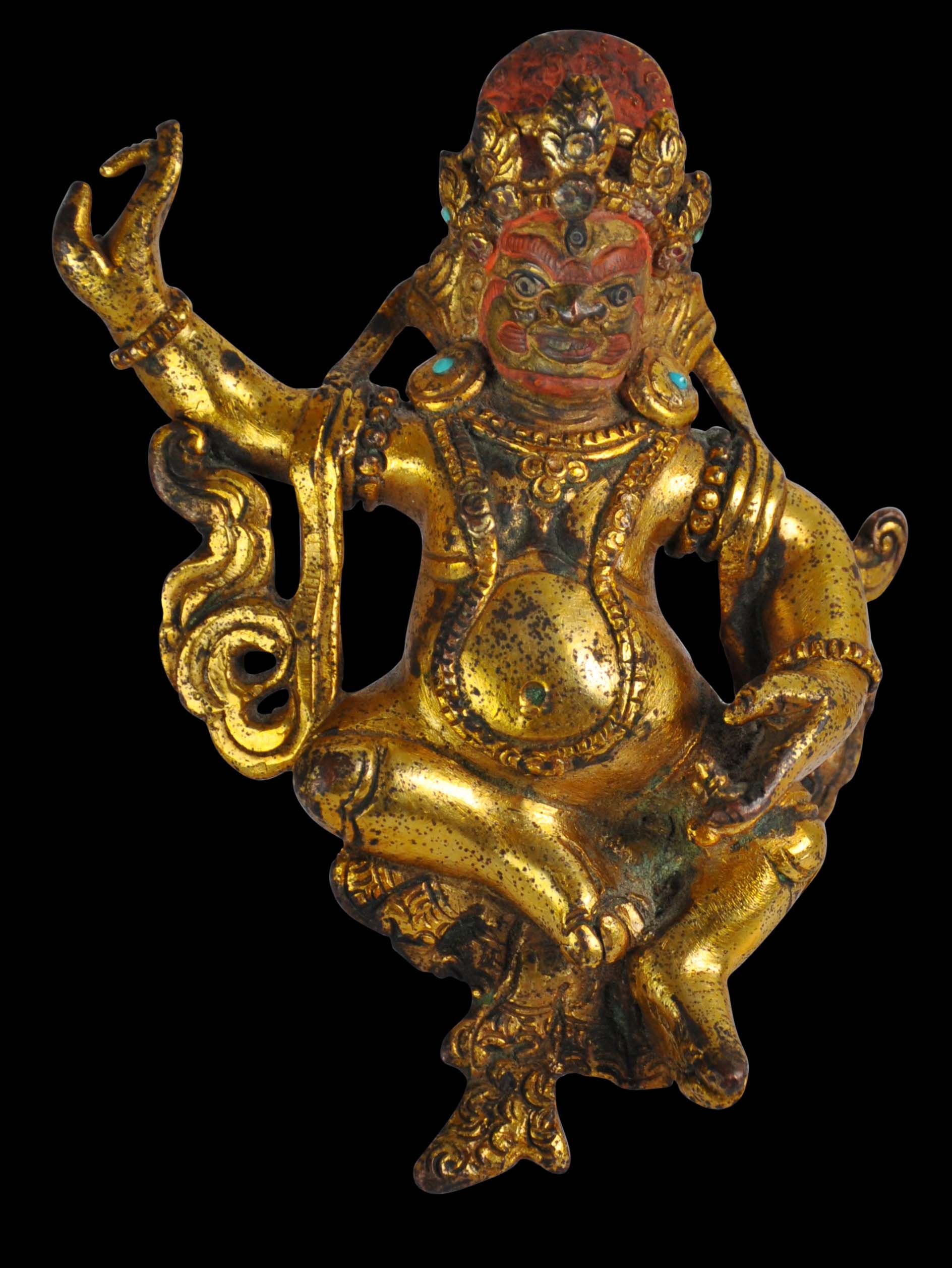 4"Old Tibet Buddhism bronze 24k gold Gilt Dragon Phurpa Vajra Mahakala statue 
