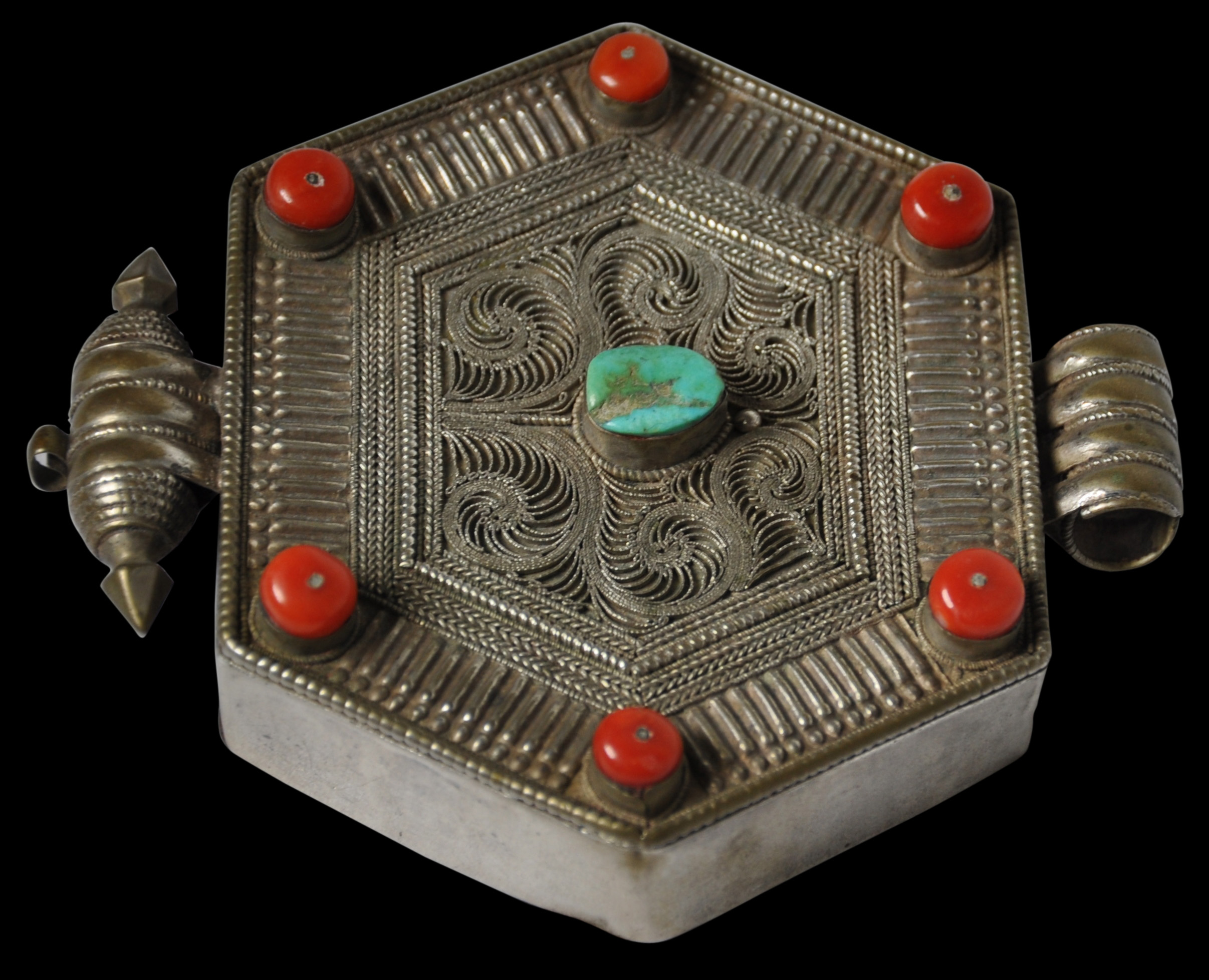 Tibetan Silver Filigree Ga'u Box with Turquoise & Coral - Michael ...